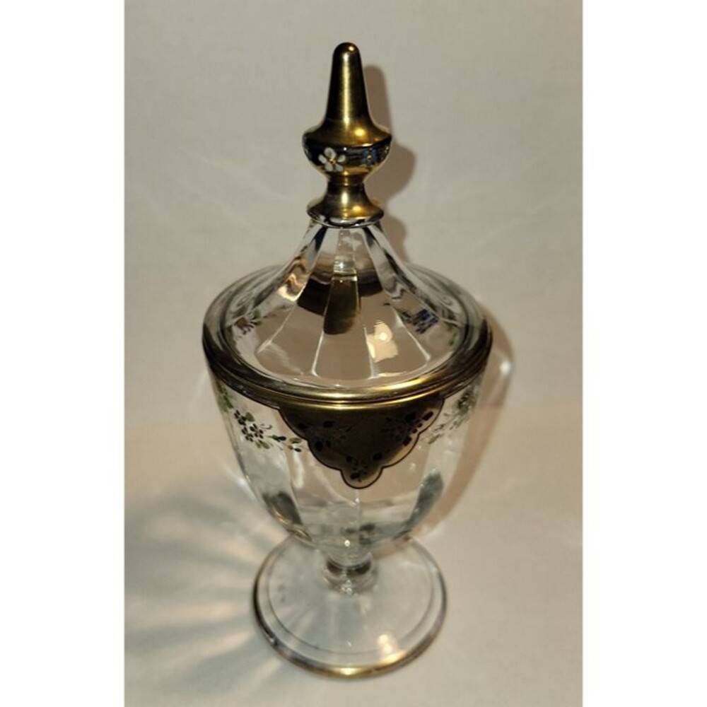 Antique Heisey #465 Recessed Panel 1/4lb Lidded Candy Jar Gold Trim Enamel Roses